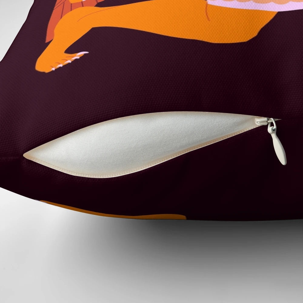 Archaic Gorgon-inspired orange decorative throw pillow with snake motif, perfect for ancient history and art lovers.