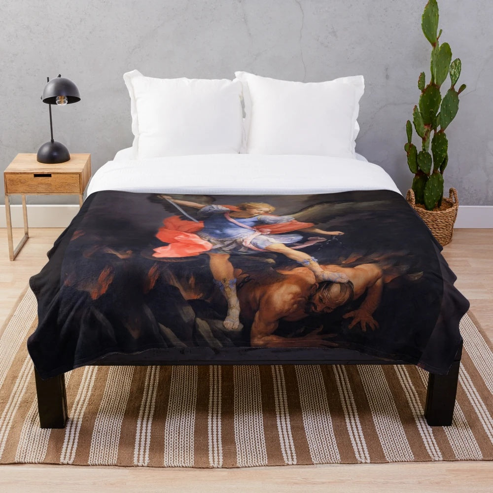 Plush blanket featuring Archangel Michael, a Catholic saint for protection from evil