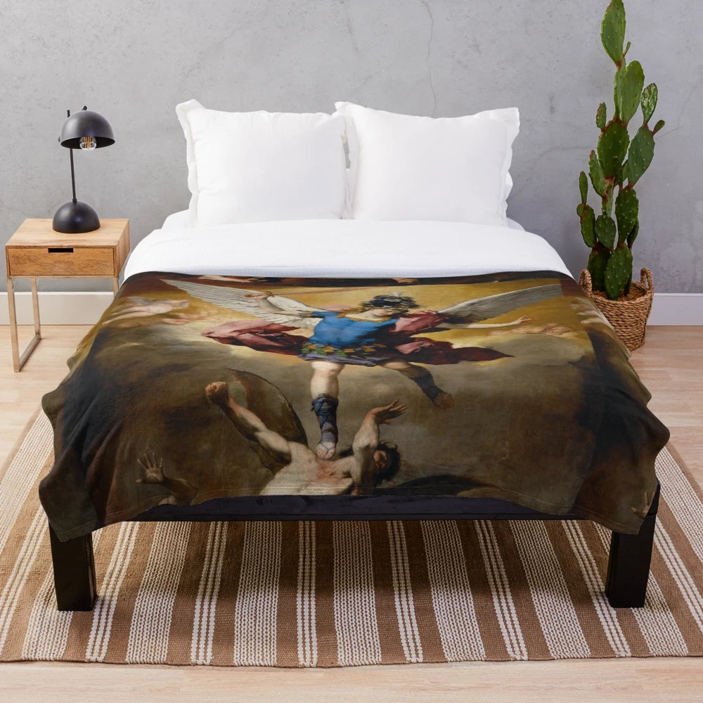 Archangel Michael plush blanket featuring the celestial warrior in battle with the fallen rebel angels