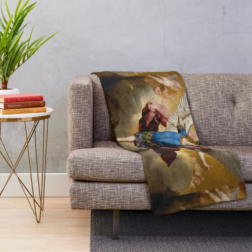 Archangel Michael plush blanket featuring the celestial warrior in battle with the fallen rebel angels