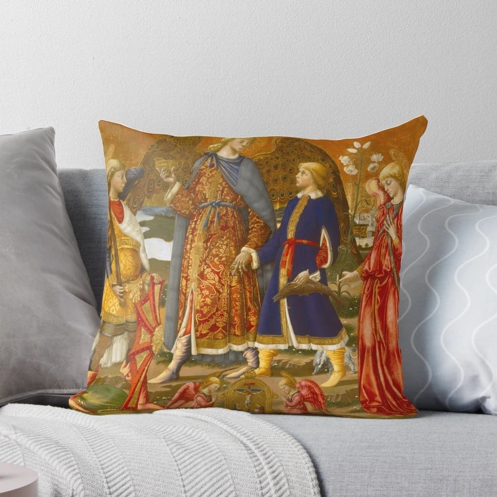 Decorative pillow featuring the biblical story of Archangel Raphael and Tobias