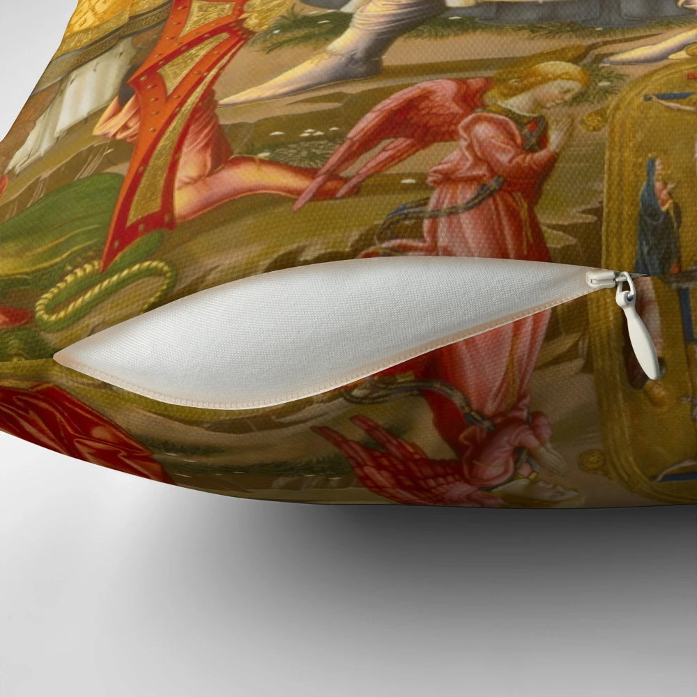 Decorative pillow featuring the biblical story of Archangel Raphael and Tobias
