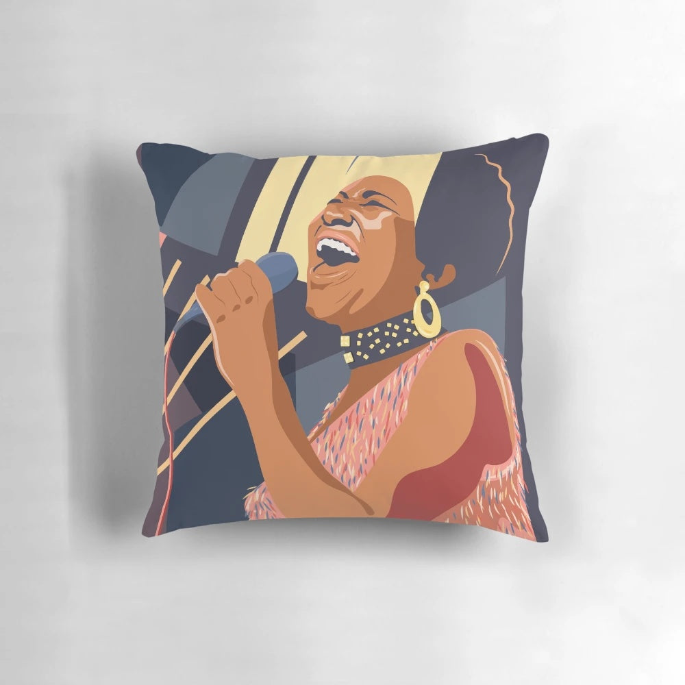 Aretha Franklin portrait pillow featuring the iconic singer in a vibrant, graphic design