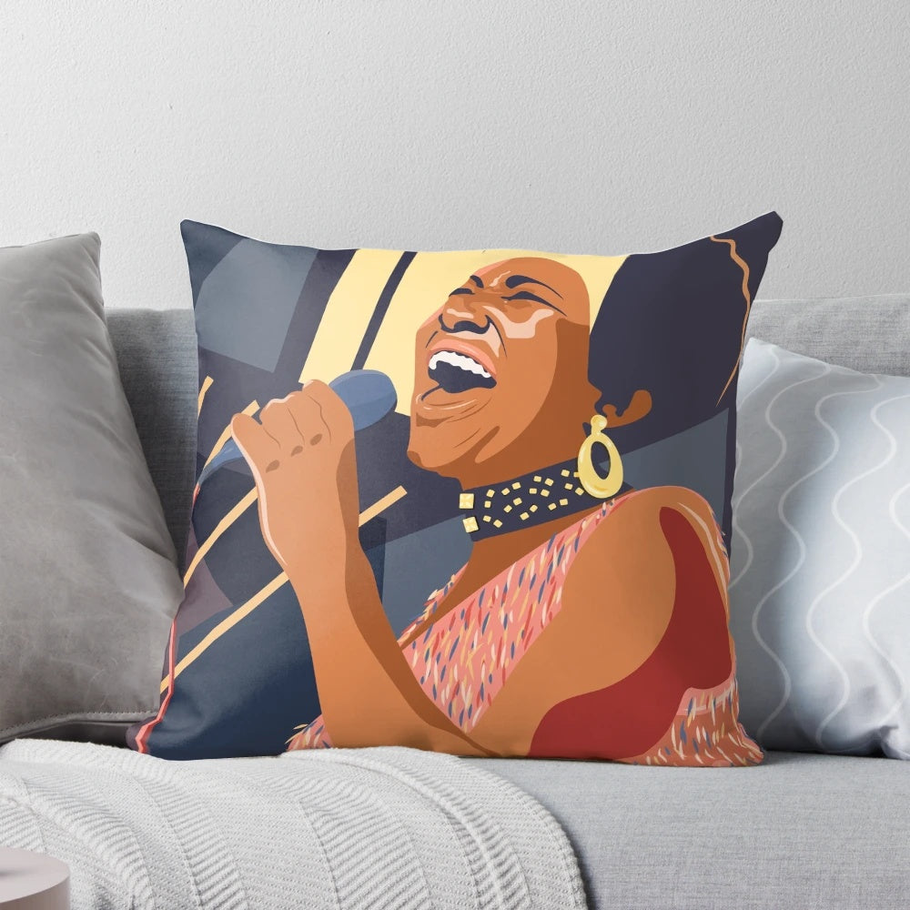 Aretha Franklin portrait pillow featuring the iconic singer in a vibrant, graphic design