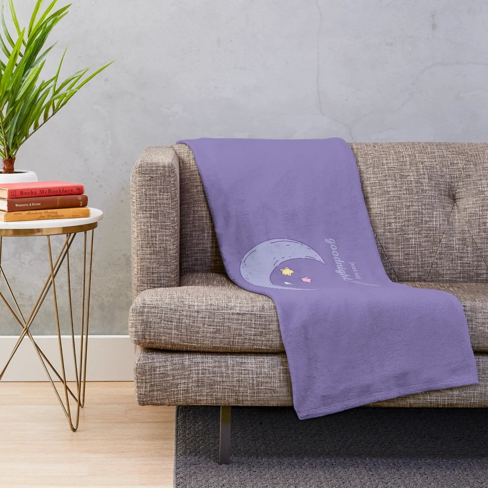 Purple plush blanket with moon, stars, and song lyrics design inspired by Ariana Grande's "Goodnight n Go