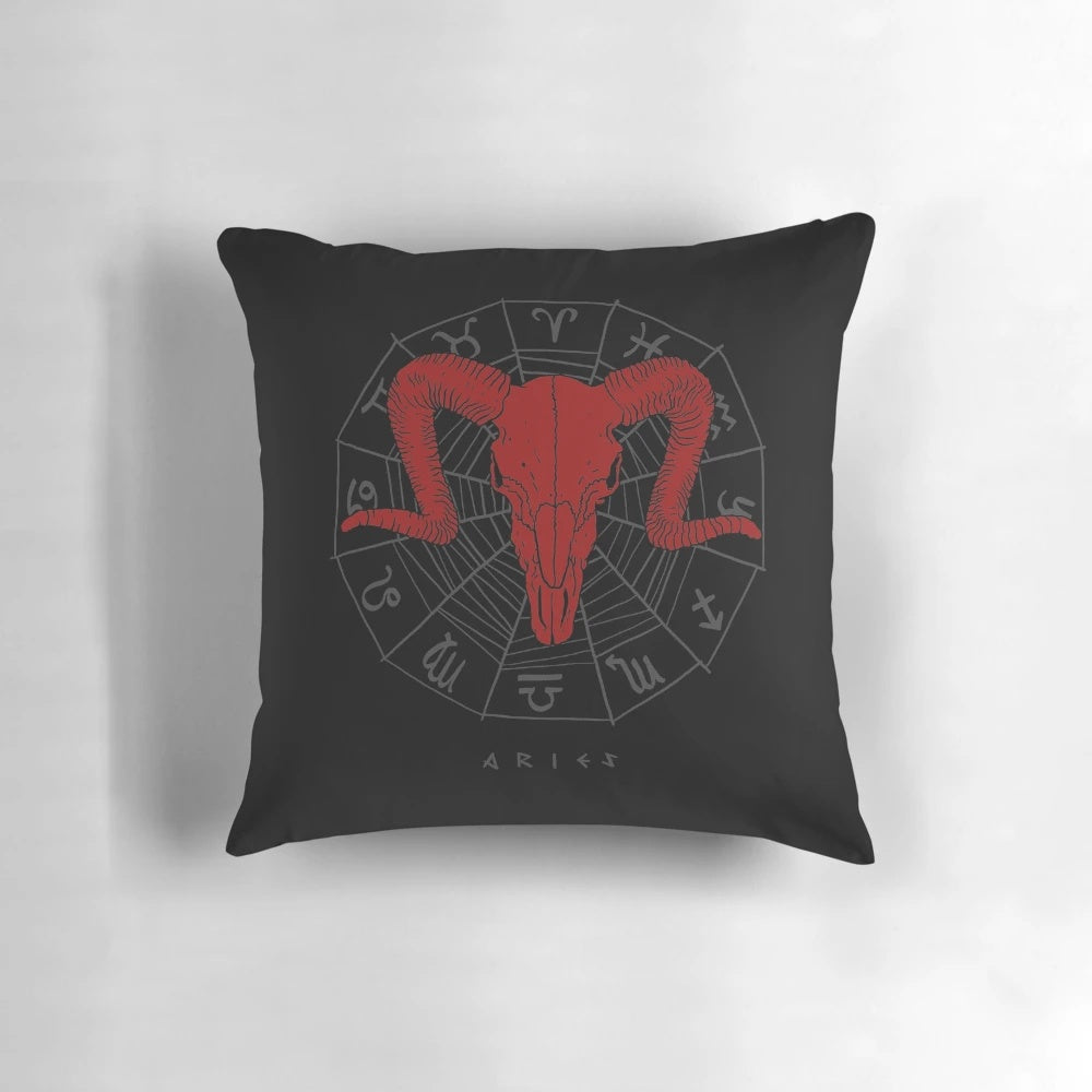 Aries Zodiac Sign Pillow with Ram Skull Design
