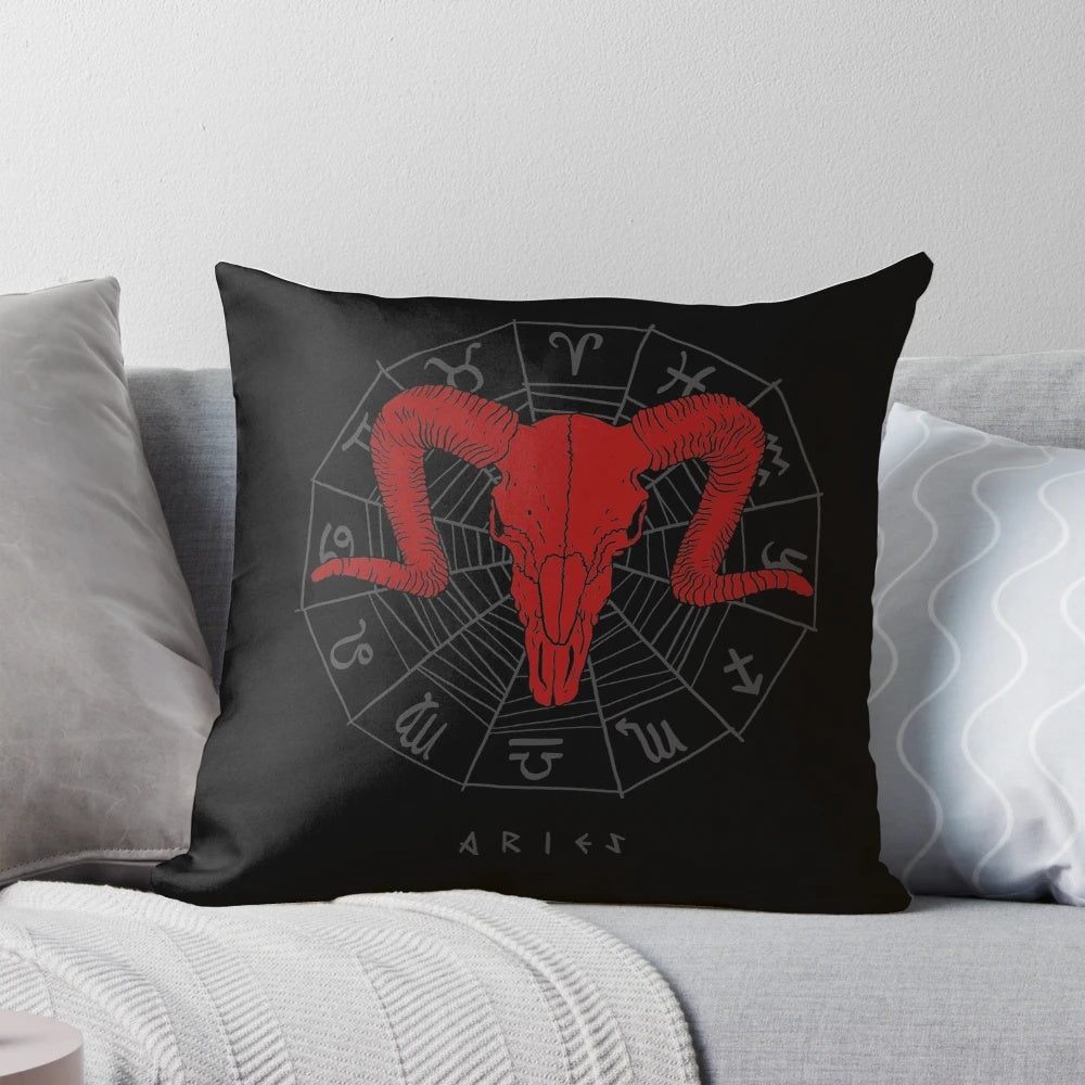 Aries Zodiac Sign Pillow with Ram Skull Design
