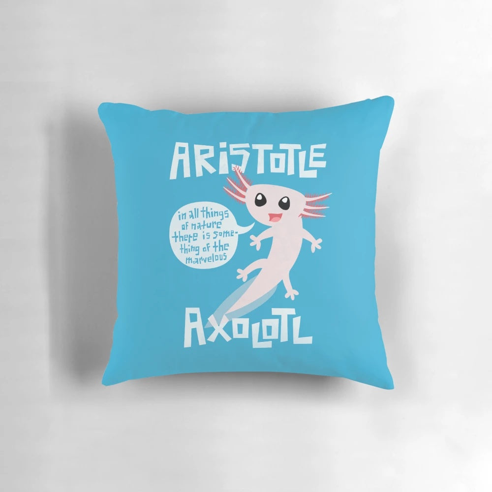 Aristotle Axolotl decorative pillow with a cute, whimsical design featuring an axolotl inspired by the philosopher Aristotle.