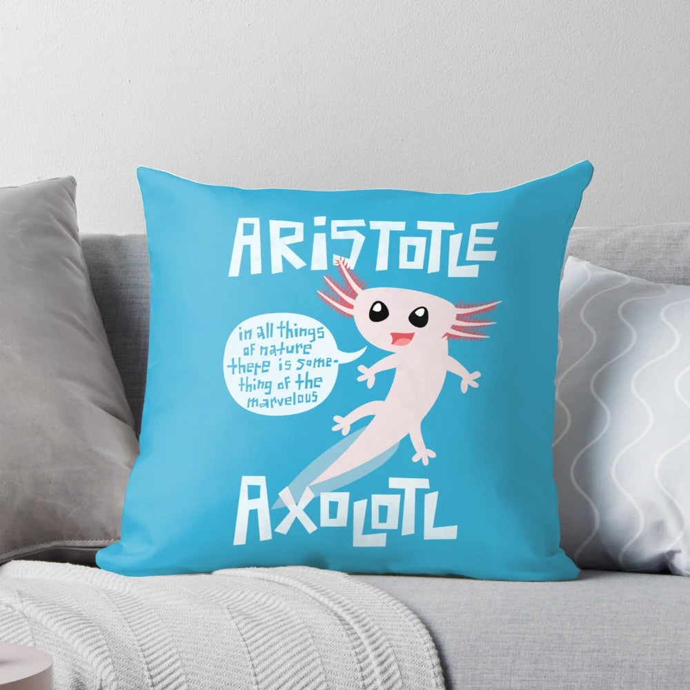 Aristotle Axolotl decorative pillow with a cute, whimsical design featuring an axolotl inspired by the philosopher Aristotle.