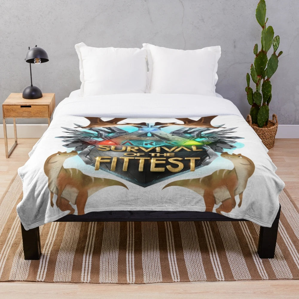 Ark Survival Evolved-inspired plush blanket featuring dinosaurs and gaming elements