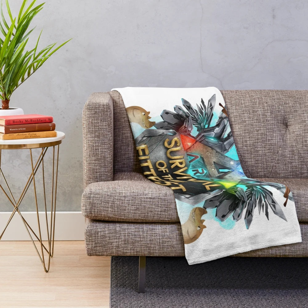 Ark Survival Evolved-inspired plush blanket featuring dinosaurs and gaming elements