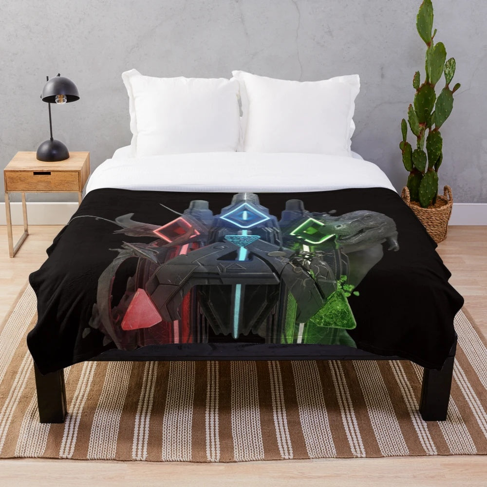 Ark Survival Evolved inspired plush blanket featuring dinosaurs and gaming elements