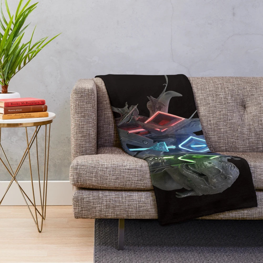 Ark Survival Evolved inspired plush blanket featuring dinosaurs and gaming elements
