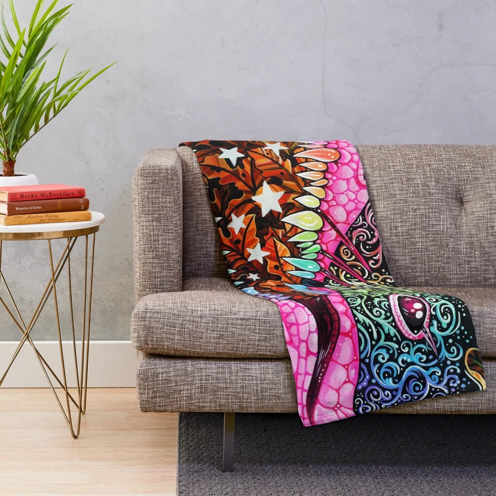 Armored crocodile plush blanket with colorful nature and autumn leaves design