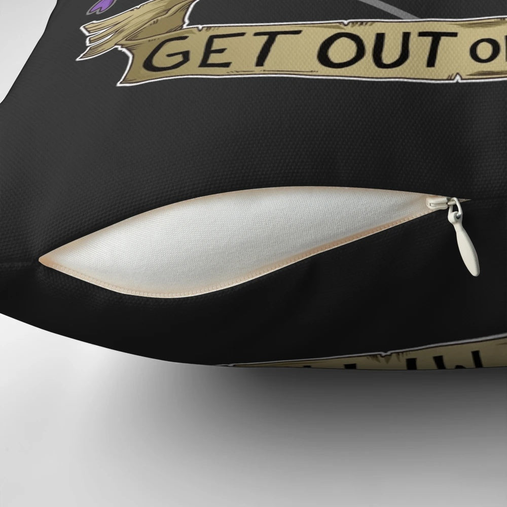 Aromantic and asexual pride pillow with a sassy "Get Out of My Face" design featuring skulls, bones, and flowers.