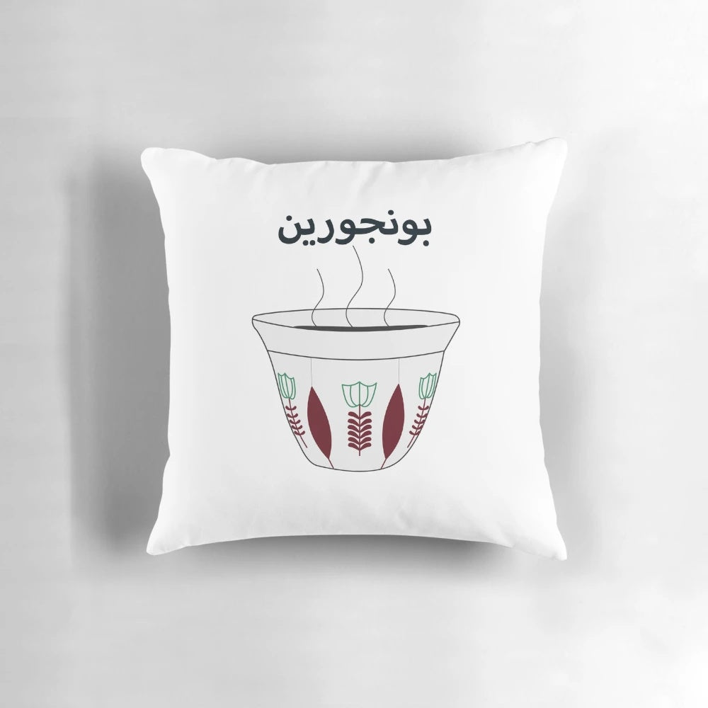 Flowered cup pillow with arabic, middle eastern, and turkish coffee imagery