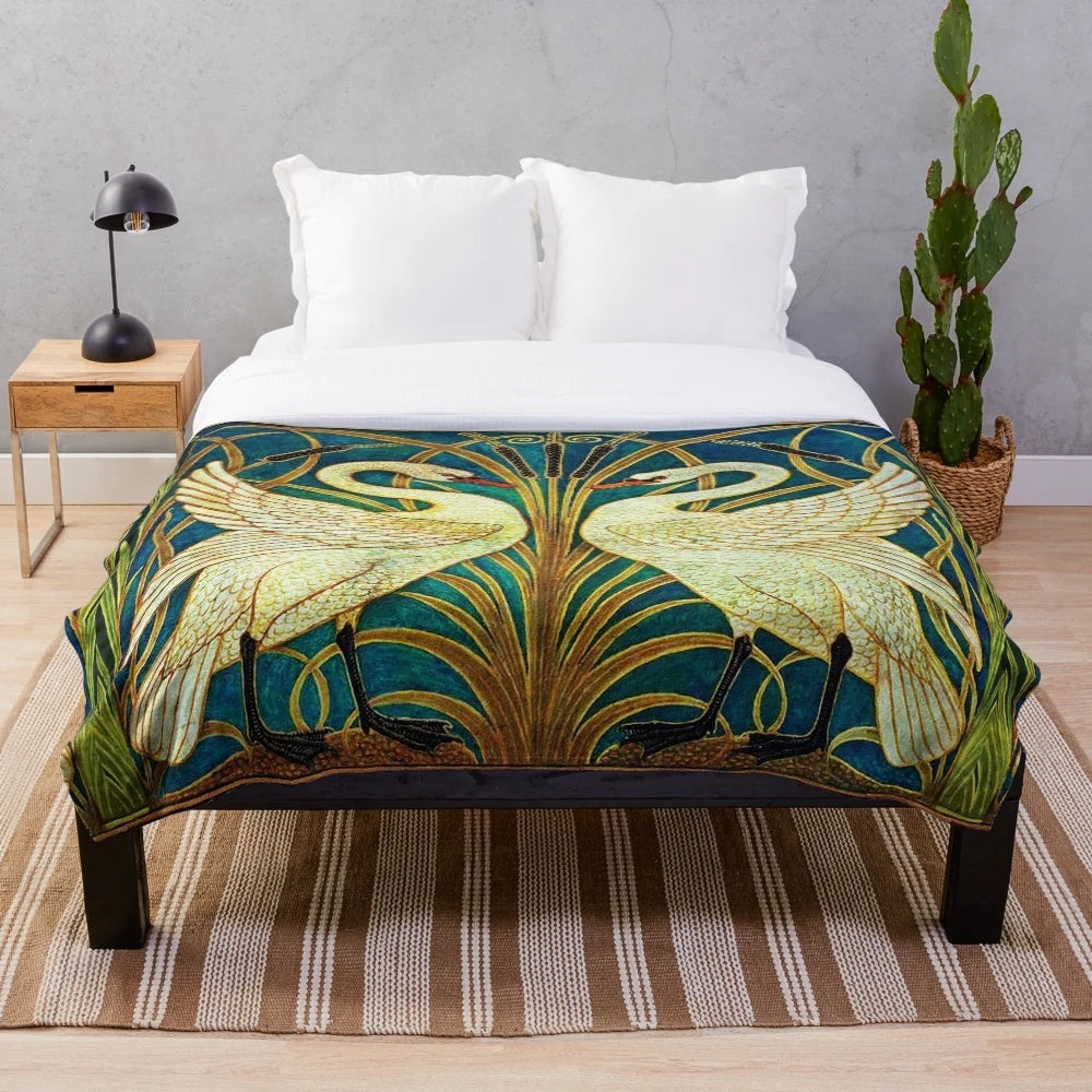 Plush blanket featuring a white swan design in the Art Nouveau style