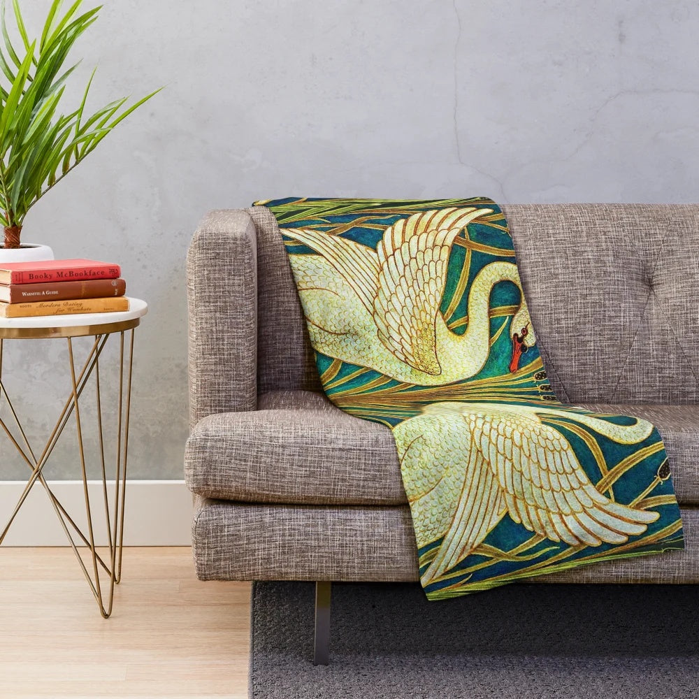 Plush blanket featuring a white swan design in the Art Nouveau style