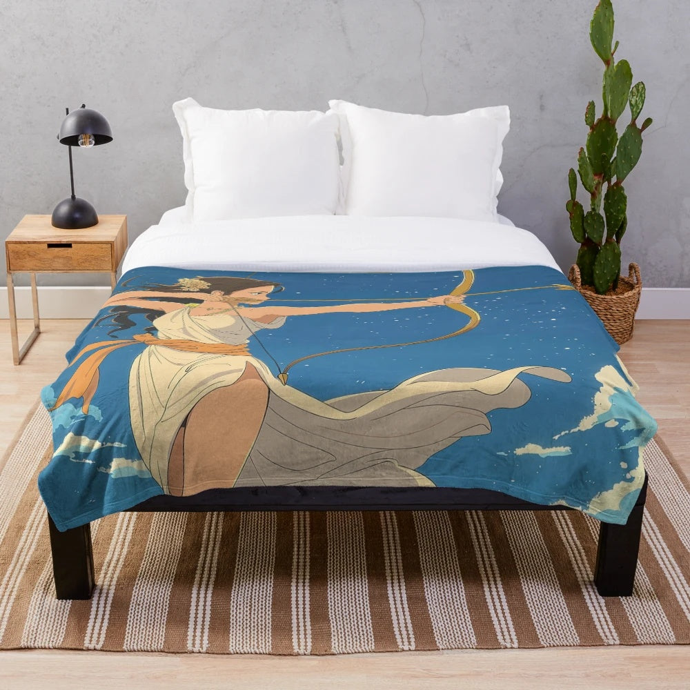 Artemis, the Greek goddess of the hunt, depicted in an anime-inspired plush blanket design
