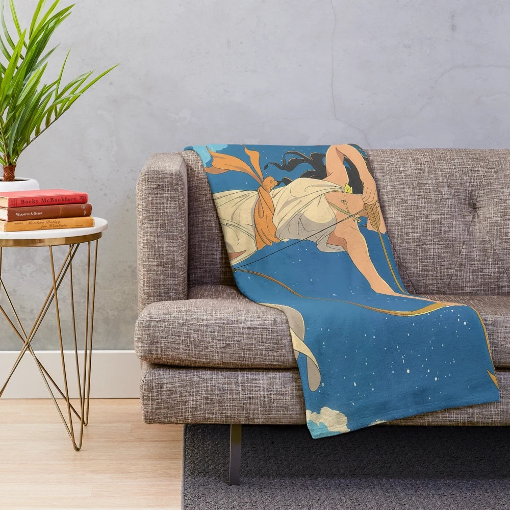 Artemis, the Greek goddess of the hunt, depicted in an anime-inspired plush blanket design