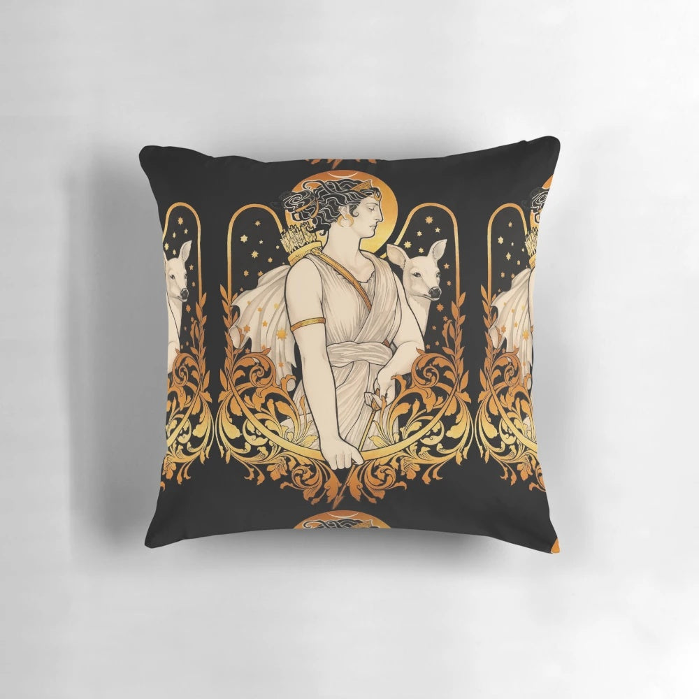 ARTEMIS Pillow featuring a golden filigree design and an artistic rendering of the Greek goddess Artemis