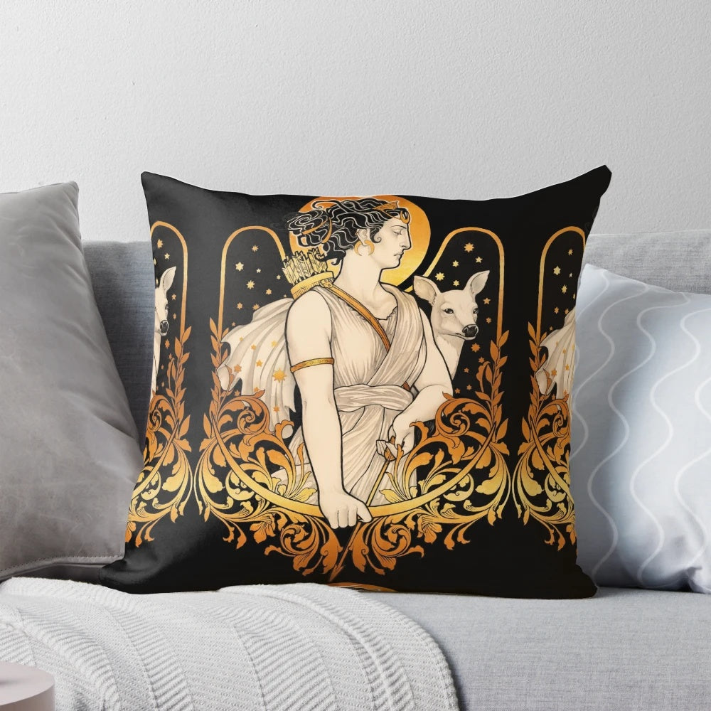 ARTEMIS Pillow featuring a golden filigree design and an artistic rendering of the Greek goddess Artemis