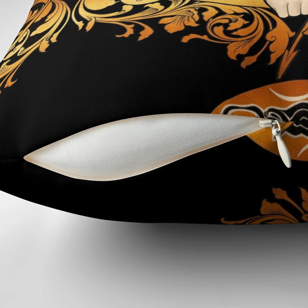 ARTEMIS Pillow featuring a golden filigree design and an artistic rendering of the Greek goddess Artemis