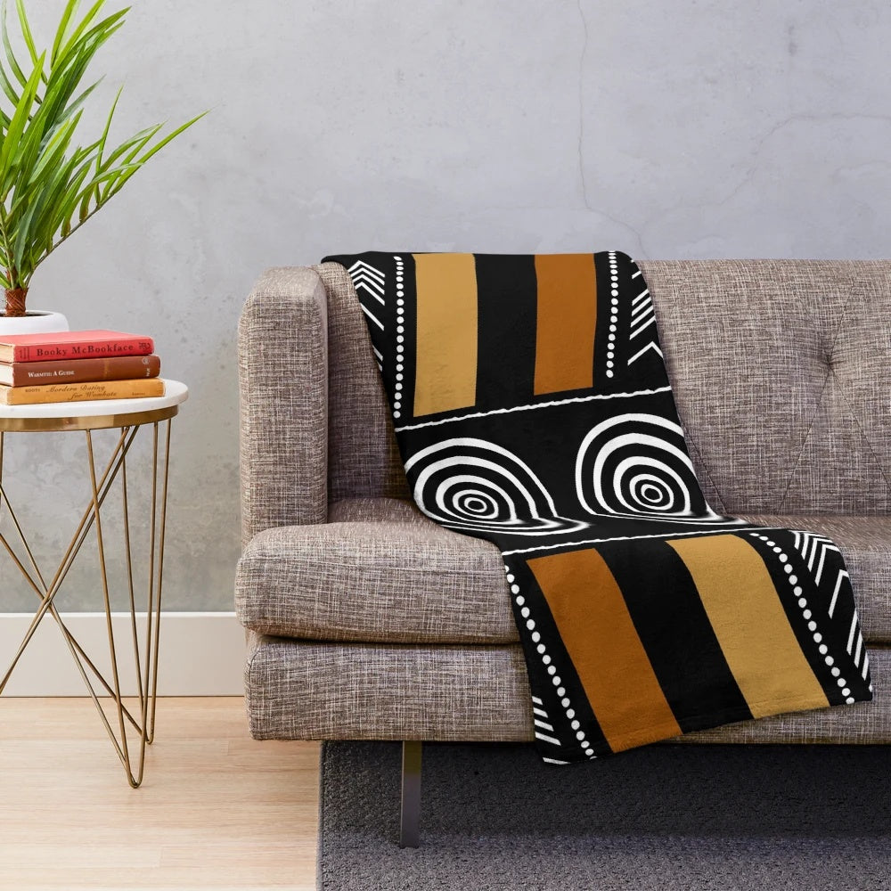 African mud cloth inspired plush blanket with abstract tribal patterns