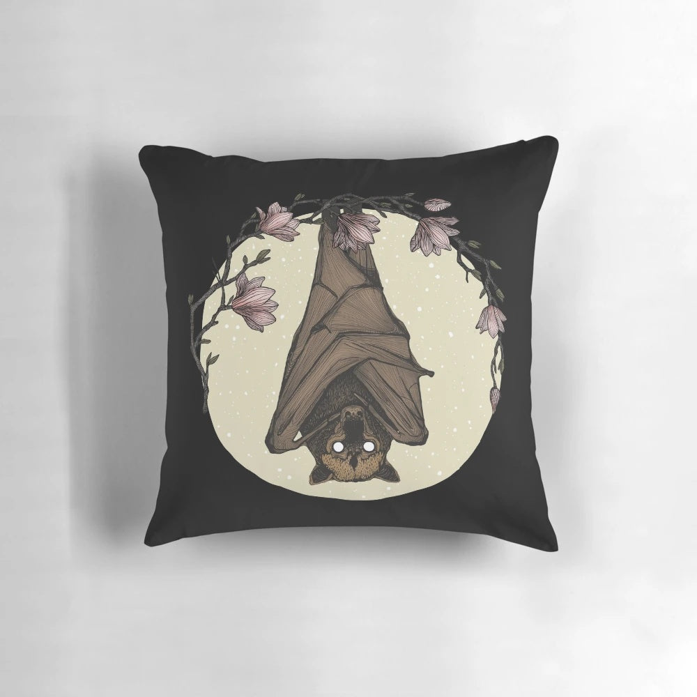 Artistic sketch-style throw pillow featuring a bat and flying fox design in black and white