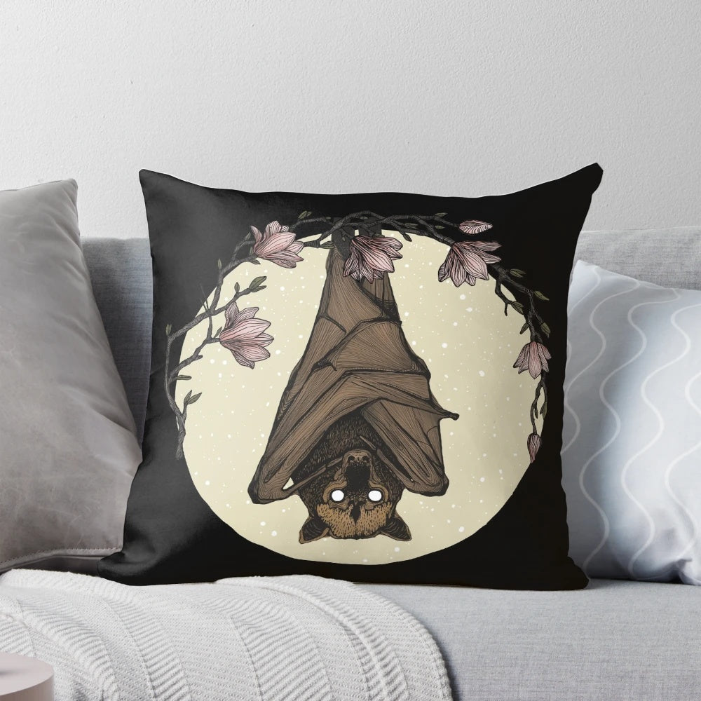Artistic sketch-style throw pillow featuring a bat and flying fox design in black and white