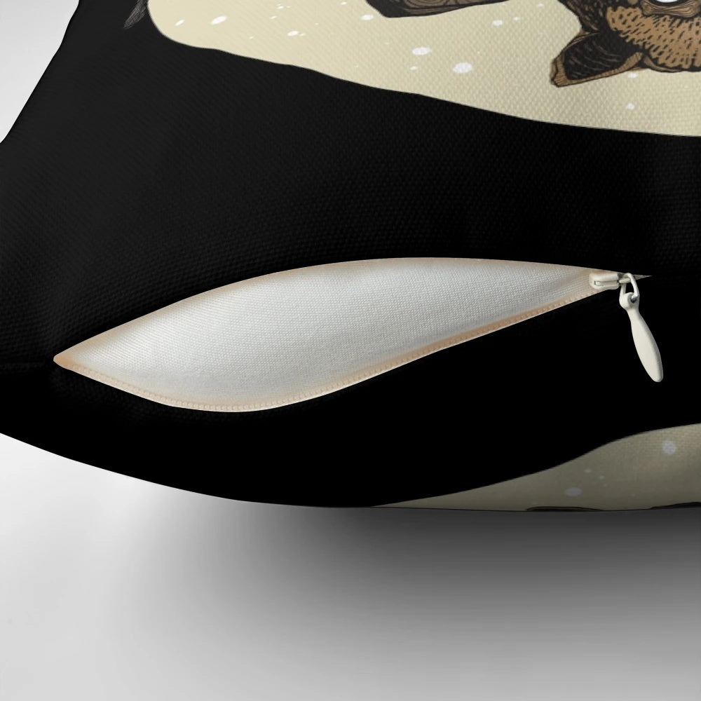 Artistic sketch-style throw pillow featuring a bat and flying fox design in black and white