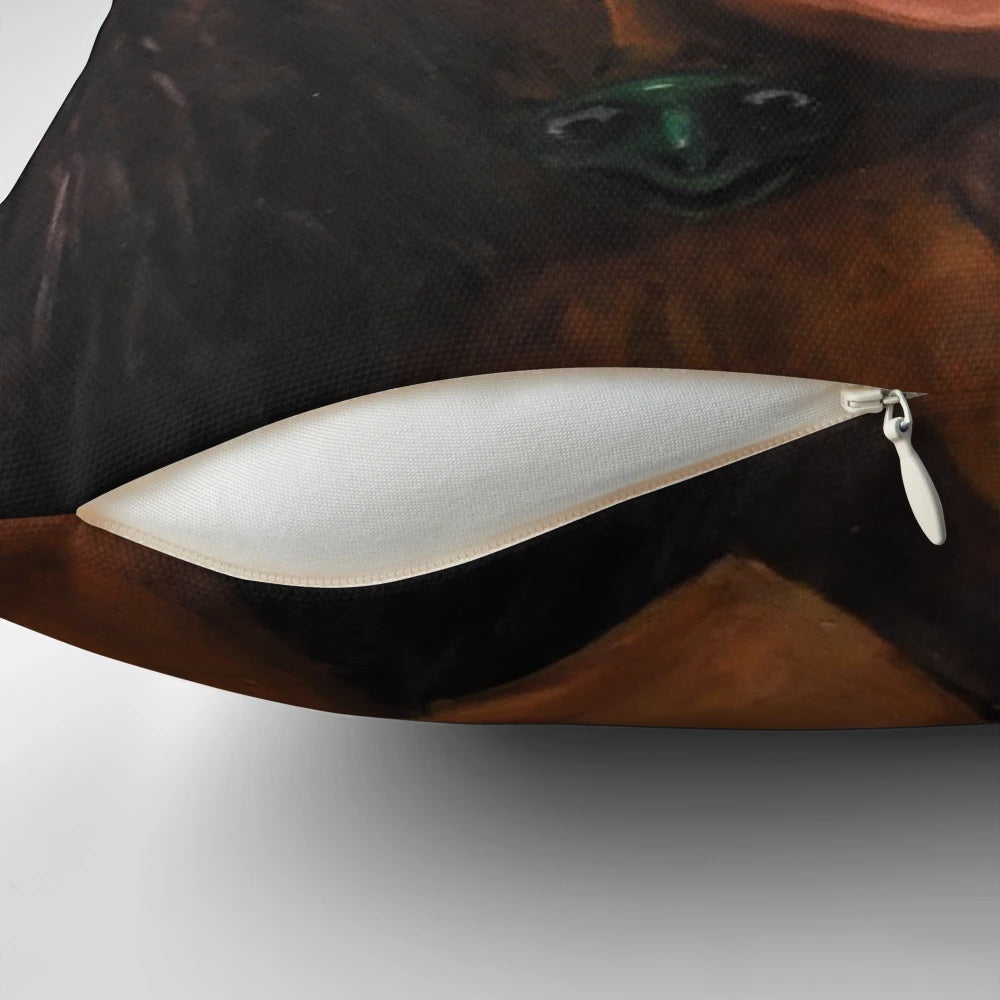 An artistic portrait of actor Danny Devito printed on a decorative throw pillow.