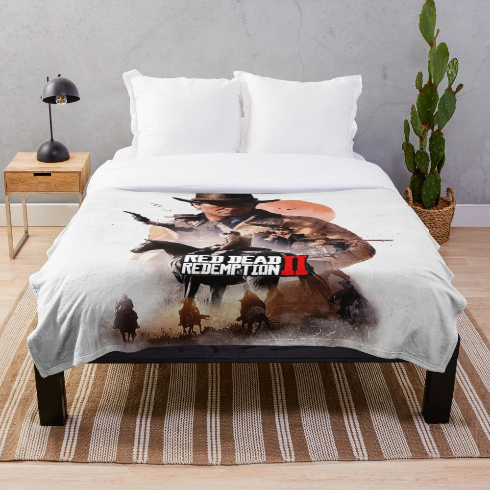 Plush blanket featuring artwork of the outlaw Arthur Morgan from the Red Dead Redemption video game series
