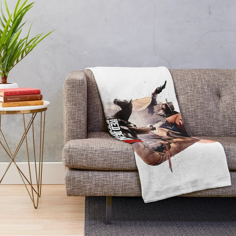 Plush blanket featuring artwork of the outlaw Arthur Morgan from the Red Dead Redemption video game series