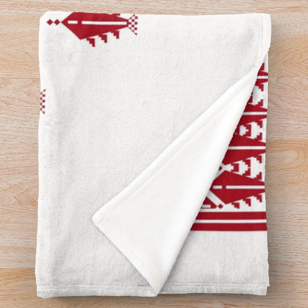 Vibrant Palestinian Tatreez Cross Stitch Art Design on Plush Blanket