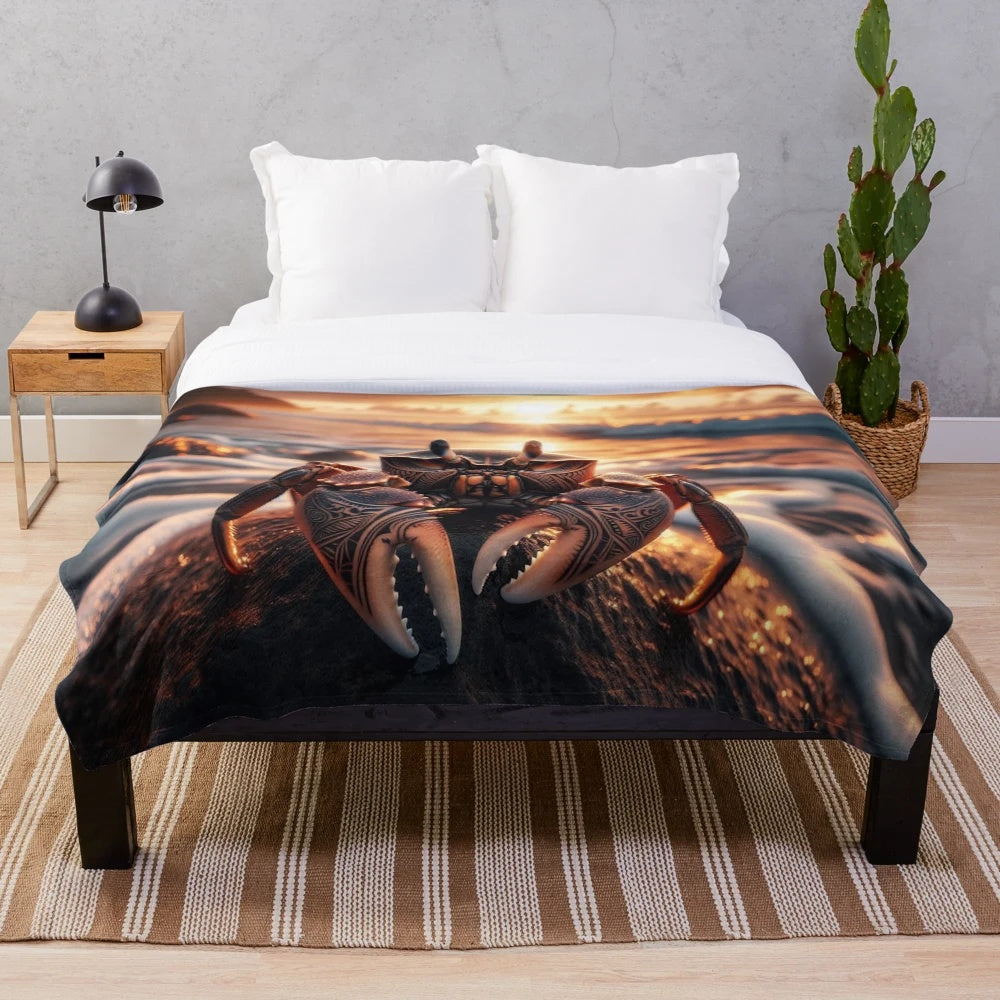 Polynesian tattoo crab at sunrise on a plush blanket