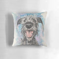 Pillow featuring a watercolor illustration of a scruffy lurcher dog