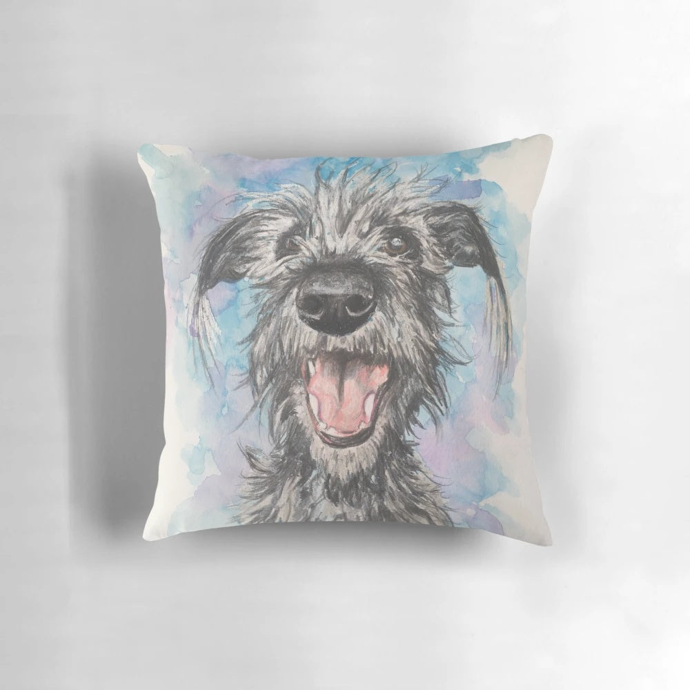 Pillow featuring a watercolor illustration of a scruffy lurcher dog