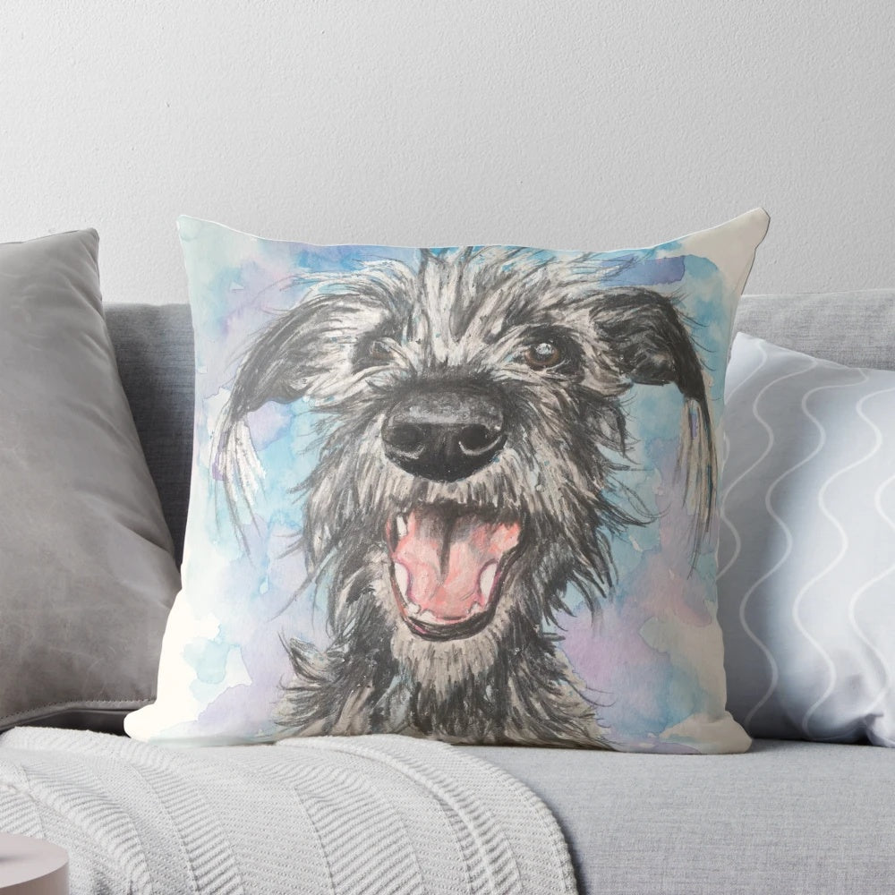 Pillow featuring a watercolor illustration of a scruffy lurcher dog