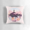 A plush pillow featuring an artistic depiction of Seoul Tower surrounded by vibrant Korean cherry blossoms.