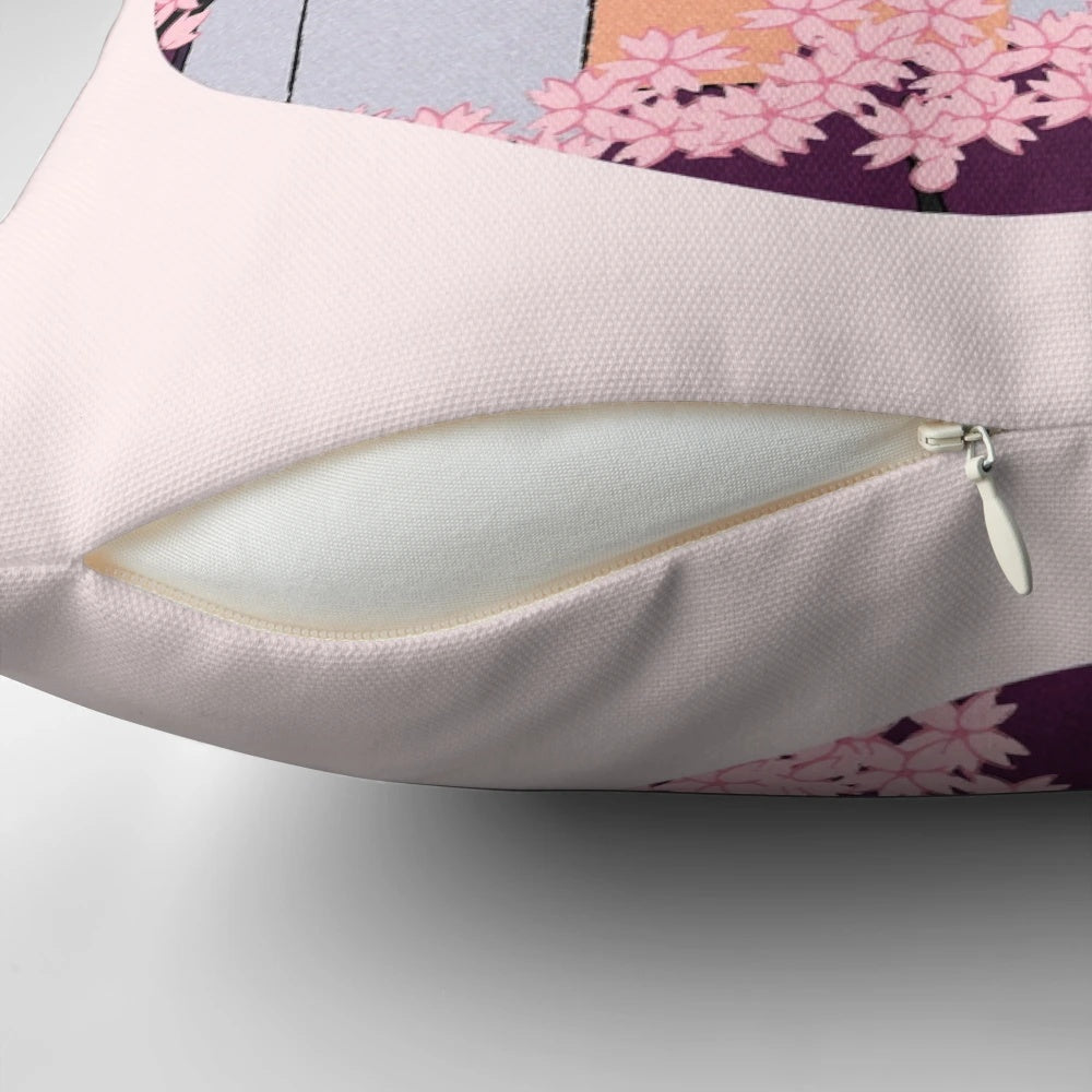 A plush pillow featuring an artistic depiction of Seoul Tower surrounded by vibrant Korean cherry blossoms.