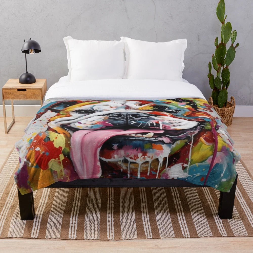 Plush bulldog-themed blanket with an artistic oil painting-style design