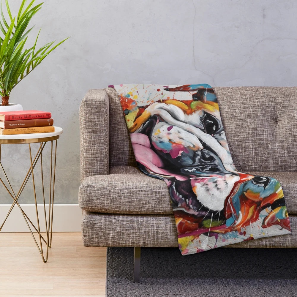 Plush bulldog-themed blanket with an artistic oil painting-style design