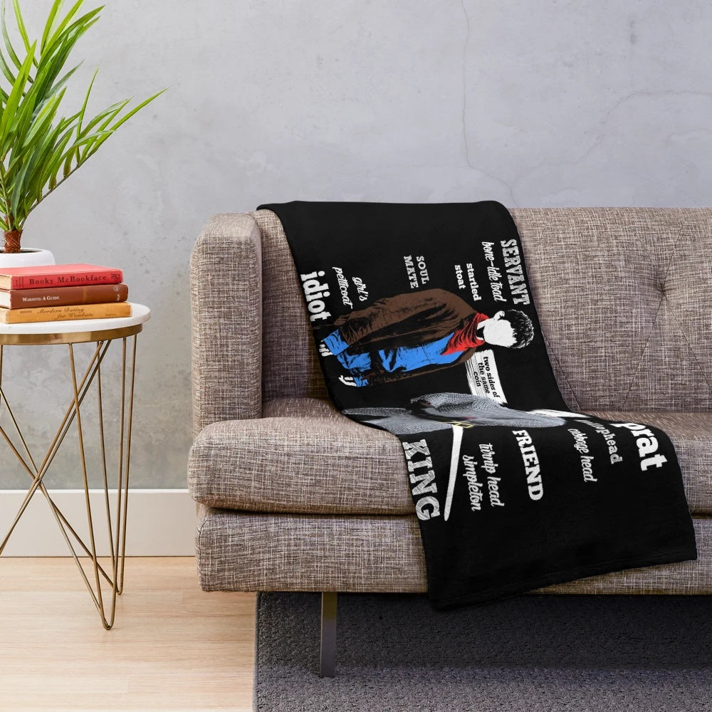 Plush blanket featuring Merlin and Arthur's Arthurian legend titles and imagery