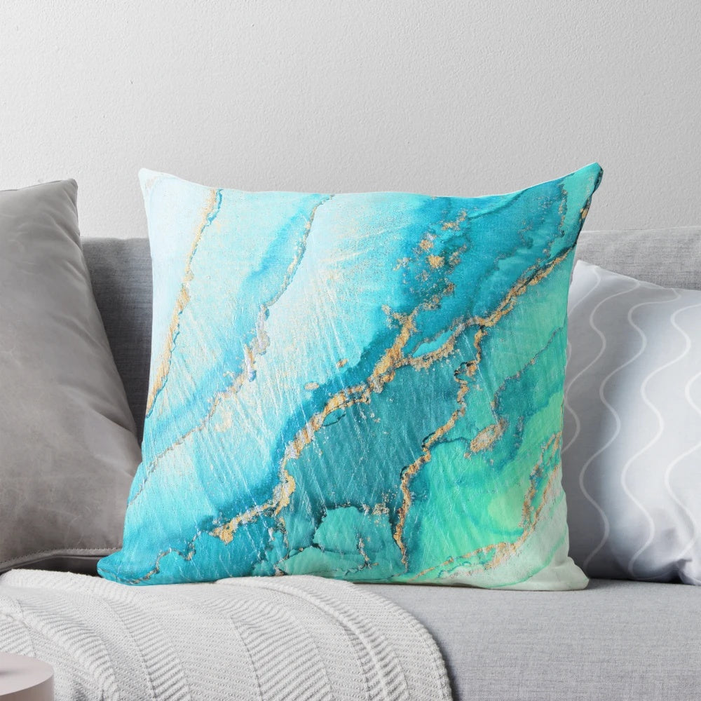 Artisan Turquoise Aqua Gold Abstract Accent Pillow with flowing, ethereal design