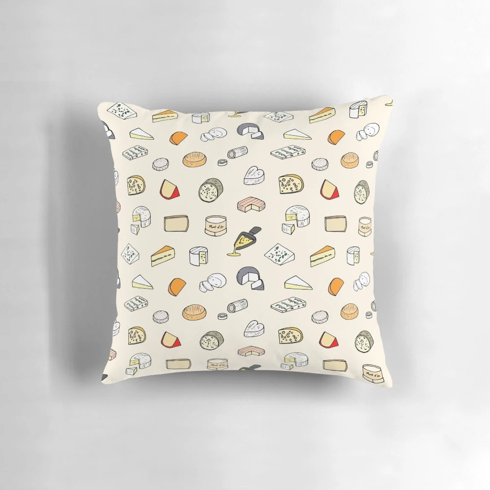 Decorative pillow with a unique cheese pattern design, perfect for cheese lovers and home decor enthusiasts.