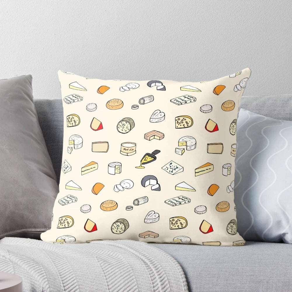 Decorative pillow with a unique cheese pattern design, perfect for cheese lovers and home decor enthusiasts.