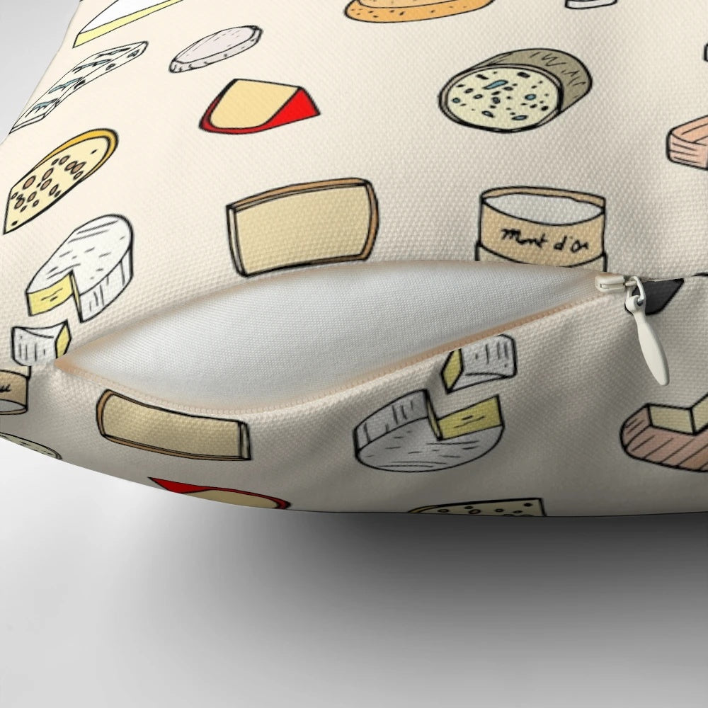 Decorative pillow with a unique cheese pattern design, perfect for cheese lovers and home decor enthusiasts.