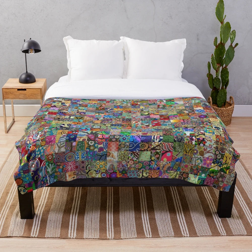 Handcrafted folk art plush blanket with vibrant cultural patterns