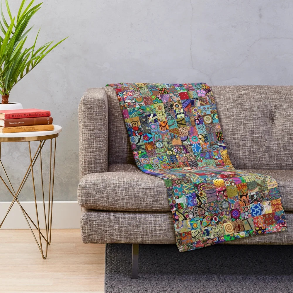 Handcrafted folk art plush blanket with vibrant cultural patterns